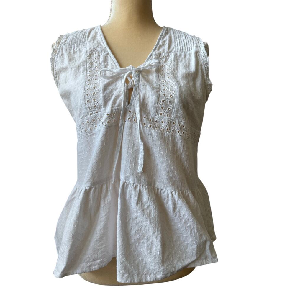 Zara Basic Denim Z1975 Eyelet White Sleeveless Y2K Summer Blouse Top Large